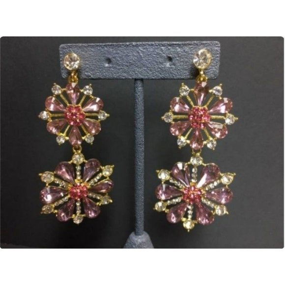 Vintage Jewelry - Double Flower Pierced Earrings Purple Rhinestone Gold Bridesmaids Retro Vintage
